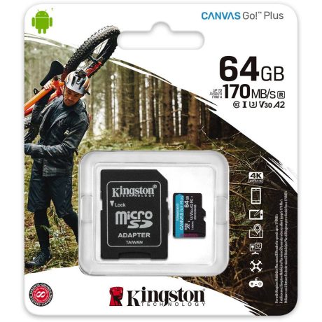 Cartão Kingston Micro SDXC 64GB UHS-I U3 V30 Classe 10 170MB/s Canvas Go Plus