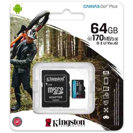 Cartão Kingston Micro SDXC 64GB UHS-I U3 V30 Classe 10 170MB/s Canvas Go Plus