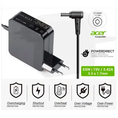 CARREGADOR ACER COMPATÍVEL | 19 V / 3,42 A | 5,5 X 1,7 MM | 65W DIRETO NA PAREDE